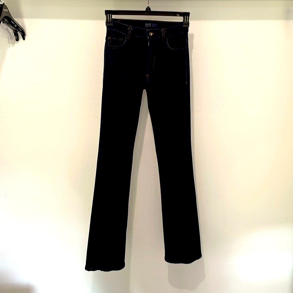 Zara High-Waisted Dark Denim Stretch Flared Jeans